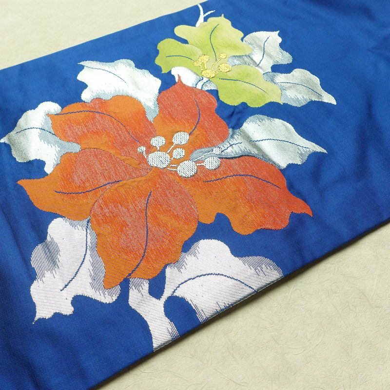 名古屋帯 太鼓柄 正絹 花柄 名古屋仕立て なごや帯 リサイクル帯 帯 箔 金糸 銀糸 青・紺_画像11