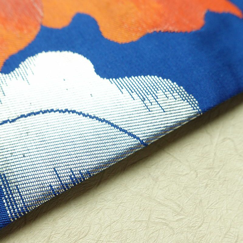 名古屋帯 太鼓柄 正絹 花柄 名古屋仕立て なごや帯 リサイクル帯 帯 箔 金糸 銀糸 青・紺_画像12