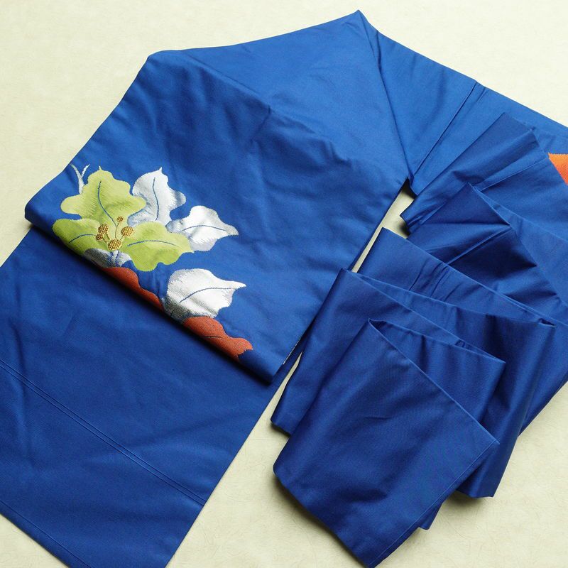 名古屋帯 太鼓柄 正絹 花柄 名古屋仕立て なごや帯 リサイクル帯 帯 箔 金糸 銀糸 青・紺_画像18