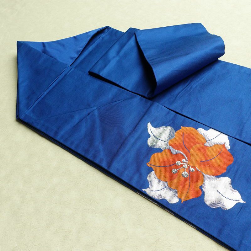 名古屋帯 太鼓柄 正絹 花柄 名古屋仕立て なごや帯 リサイクル帯 帯 箔 金糸 銀糸 青・紺_画像21