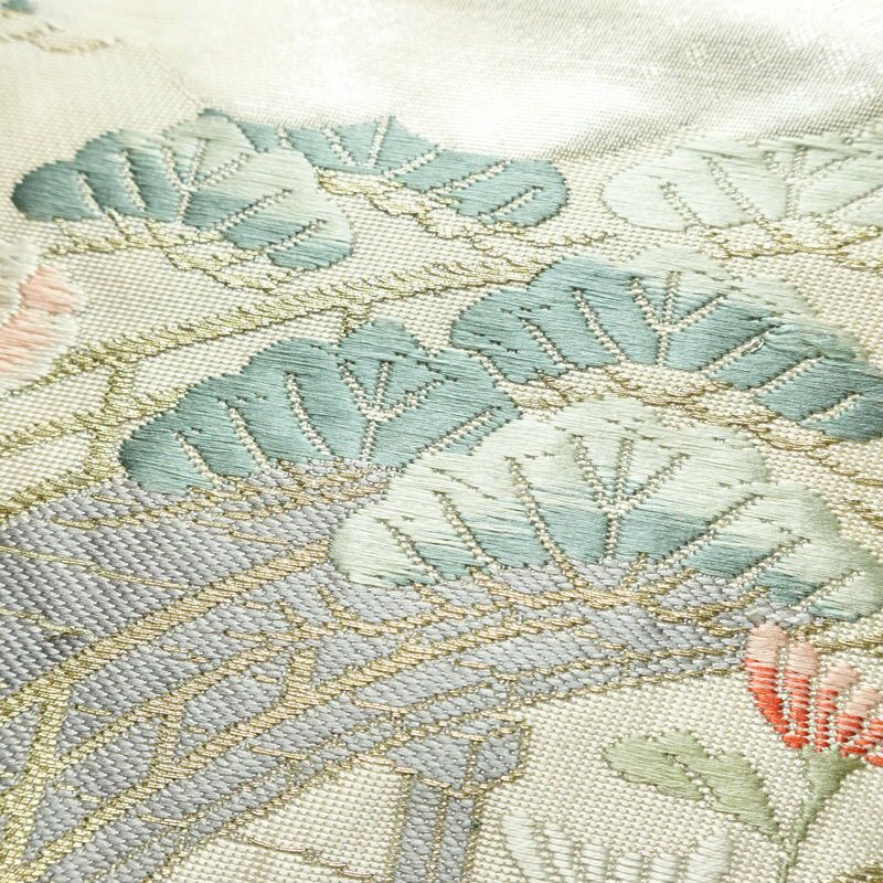 名古屋帯 太鼓柄 正絹 古典柄 名古屋仕立て なごや帯 リサイクル帯 帯 箔 紅葉 松 菊 白_画像5