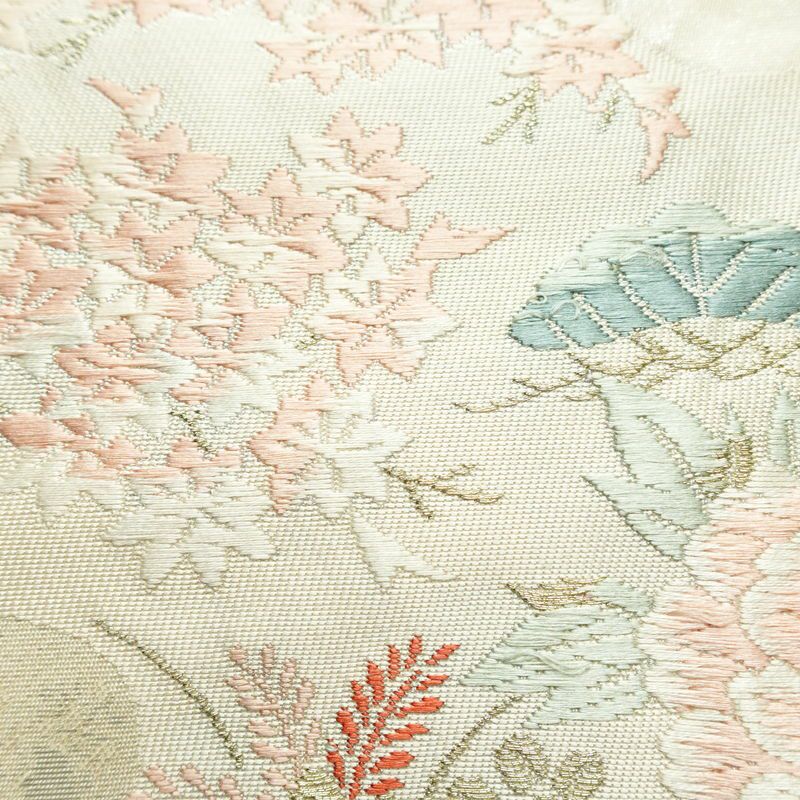 名古屋帯 太鼓柄 正絹 古典柄 名古屋仕立て なごや帯 リサイクル帯 帯 箔 紅葉 松 菊 白_画像6