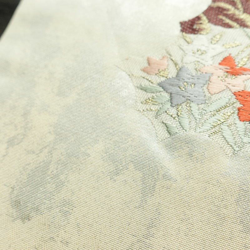 名古屋帯 太鼓柄 正絹 古典柄 名古屋仕立て なごや帯 リサイクル帯 帯 箔 紅葉 松 菊 白_画像8