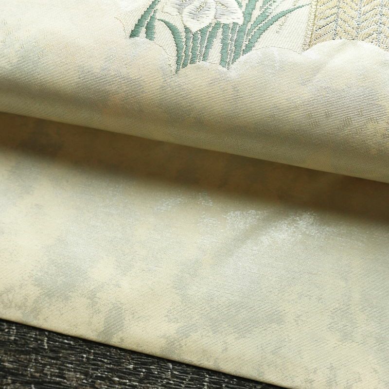 名古屋帯 太鼓柄 正絹 古典柄 名古屋仕立て なごや帯 リサイクル帯 帯 箔 紅葉 松 菊 白_画像9