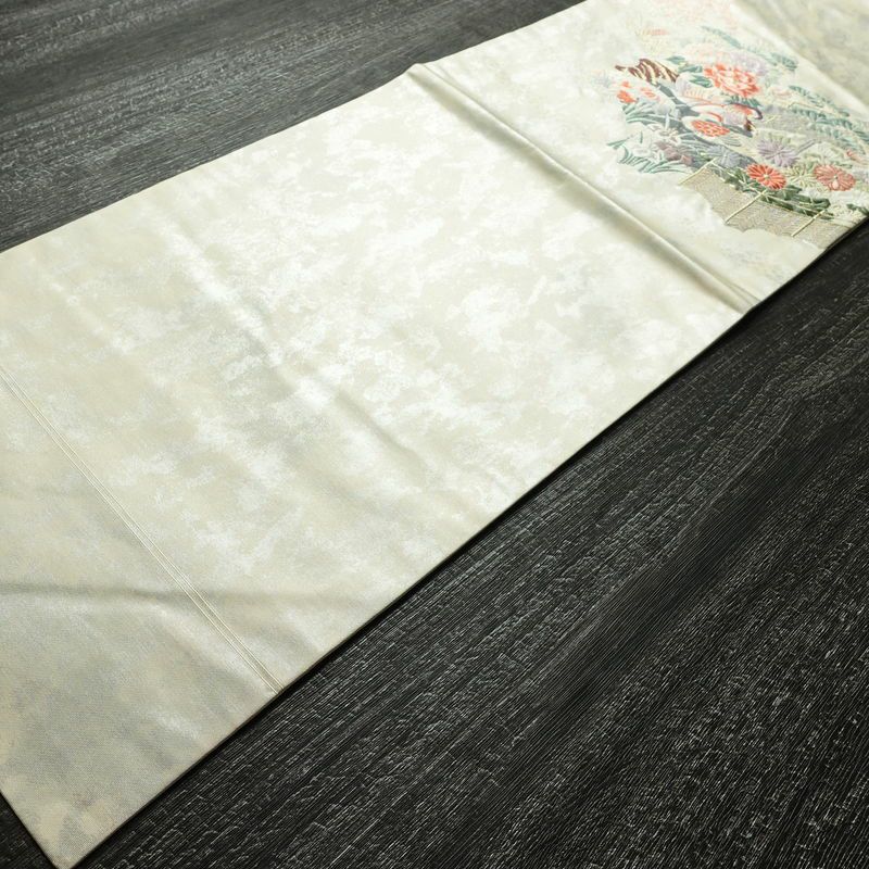 名古屋帯 太鼓柄 正絹 古典柄 名古屋仕立て なごや帯 リサイクル帯 帯 箔 紅葉 松 菊 白_画像10