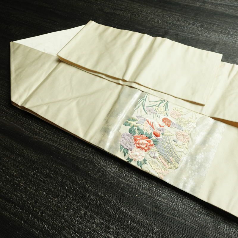 名古屋帯 太鼓柄 正絹 古典柄 名古屋仕立て なごや帯 リサイクル帯 帯 箔 紅葉 松 菊 白_画像21