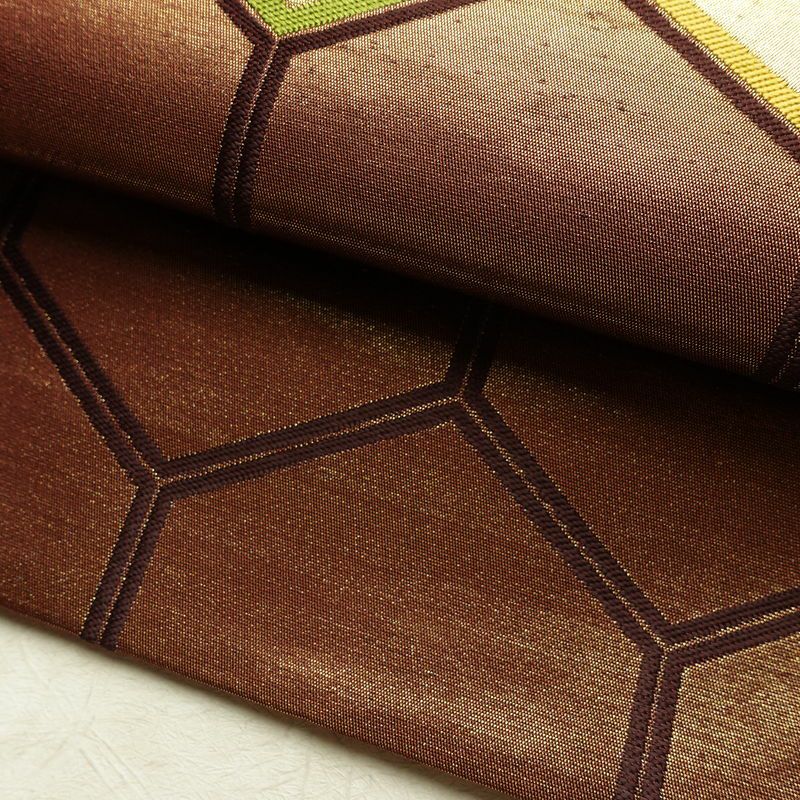 名古屋帯 太鼓柄 正絹 亀甲柄 通し仕立て なごや帯 リサイクル帯 帯 青海波 引箔 茶_画像7