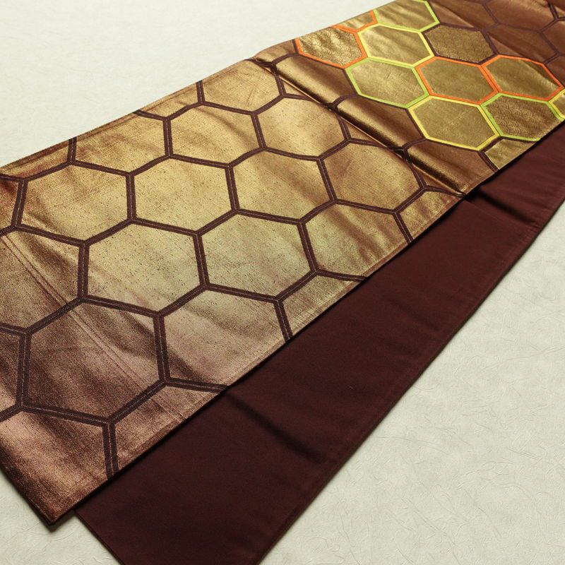 名古屋帯 太鼓柄 正絹 亀甲柄 通し仕立て なごや帯 リサイクル帯 帯 青海波 引箔 茶_画像8