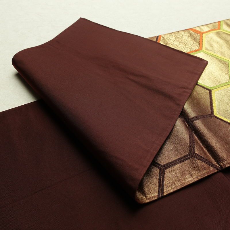 名古屋帯 太鼓柄 正絹 亀甲柄 通し仕立て なごや帯 リサイクル帯 帯 青海波 引箔 茶_画像9