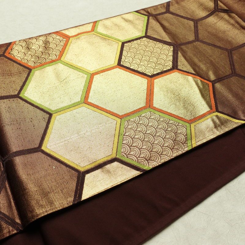 名古屋帯 太鼓柄 正絹 亀甲柄 通し仕立て なごや帯 リサイクル帯 帯 青海波 引箔 茶_画像11