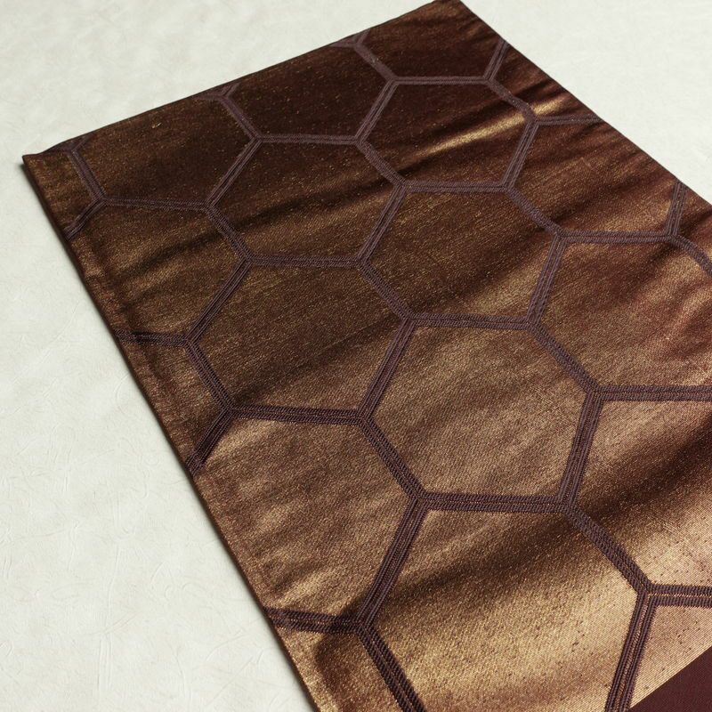 名古屋帯 太鼓柄 正絹 亀甲柄 通し仕立て なごや帯 リサイクル帯 帯 青海波 引箔 茶_画像19