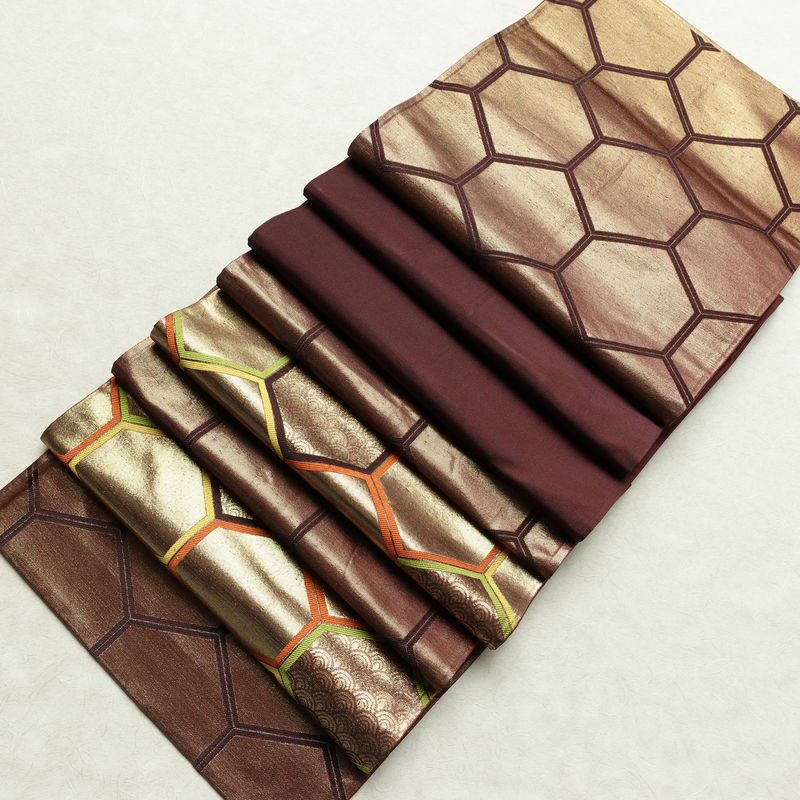 名古屋帯 太鼓柄 正絹 亀甲柄 通し仕立て なごや帯 リサイクル帯 帯 青海波 引箔 茶_画像20