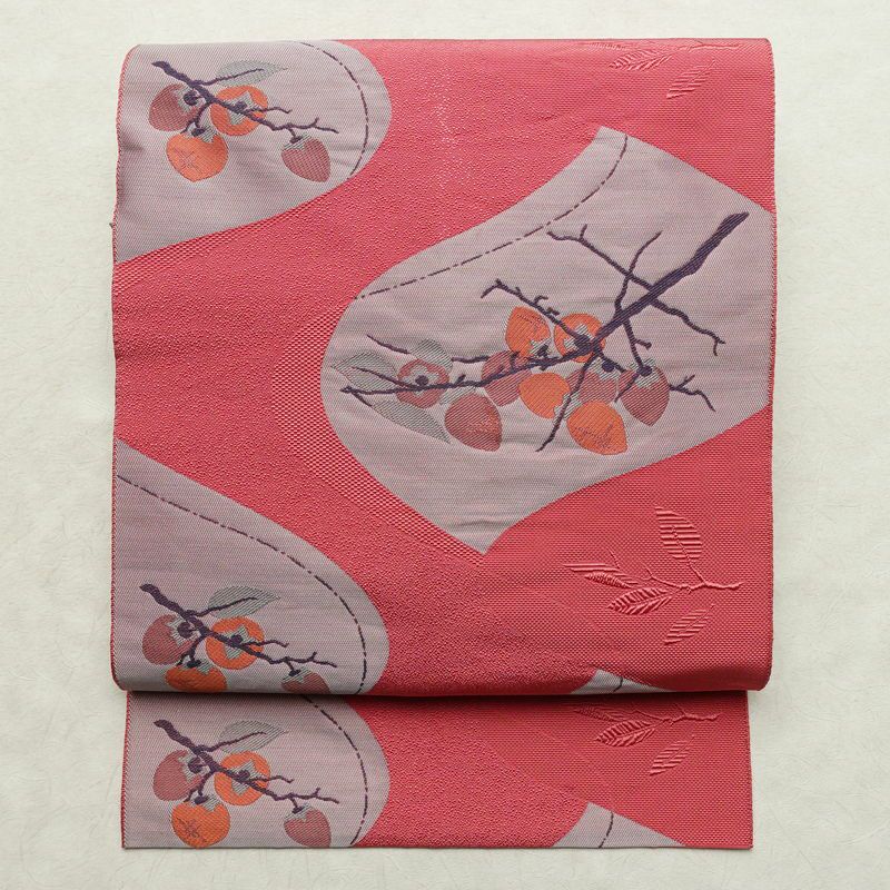 名古屋帯 六通柄 良品 正絹 木の葉・植物柄 名古屋仕立て なごや帯 リサイクル帯 帯 柿 ピンク_画像1