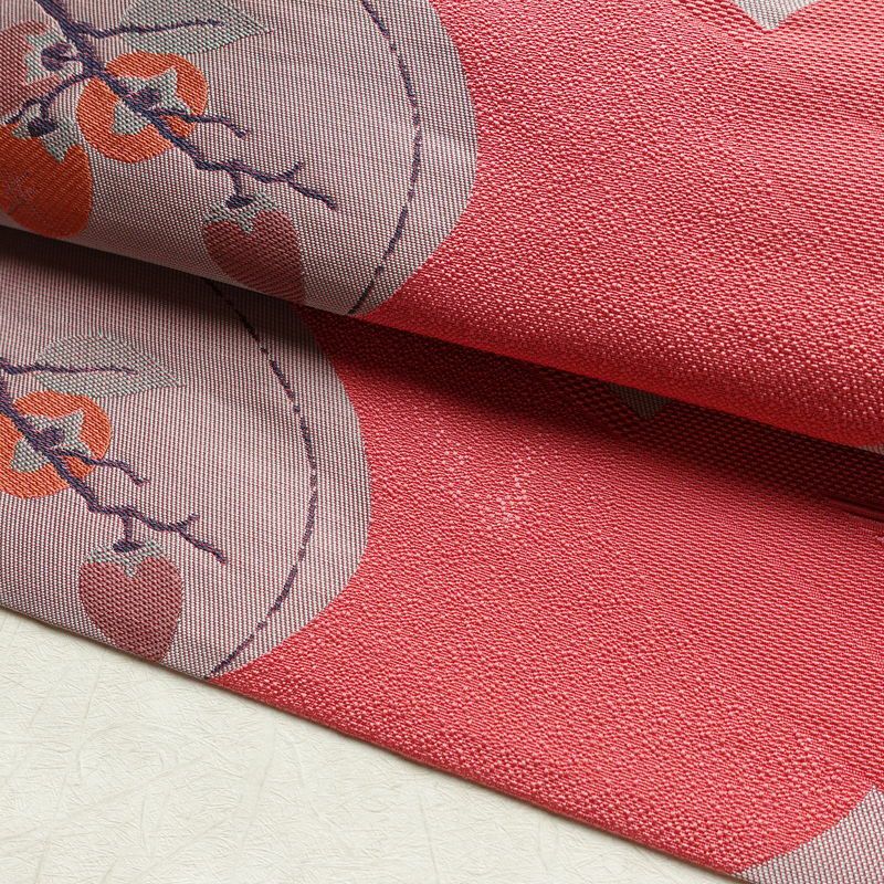 名古屋帯 六通柄 良品 正絹 木の葉・植物柄 名古屋仕立て なごや帯 リサイクル帯 帯 柿 ピンク_画像8