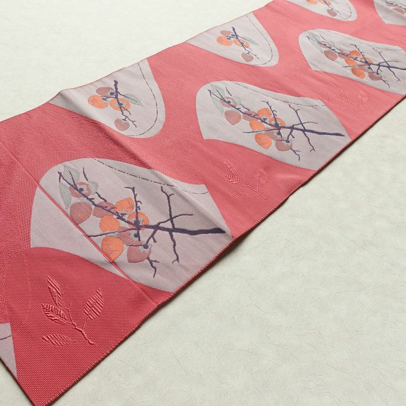 名古屋帯 六通柄 良品 正絹 木の葉・植物柄 名古屋仕立て なごや帯 リサイクル帯 帯 柿 ピンク_画像9