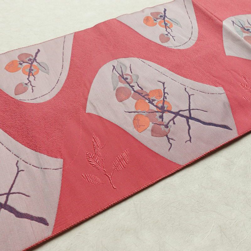 名古屋帯 六通柄 良品 正絹 木の葉・植物柄 名古屋仕立て なごや帯 リサイクル帯 帯 柿 ピンク_画像11