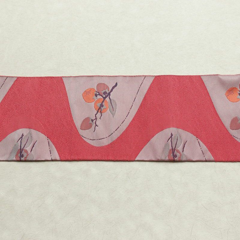名古屋帯 六通柄 良品 正絹 木の葉・植物柄 名古屋仕立て なごや帯 リサイクル帯 帯 柿 ピンク_画像13