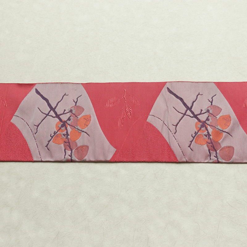 名古屋帯 六通柄 良品 正絹 木の葉・植物柄 名古屋仕立て なごや帯 リサイクル帯 帯 柿 ピンク_画像14