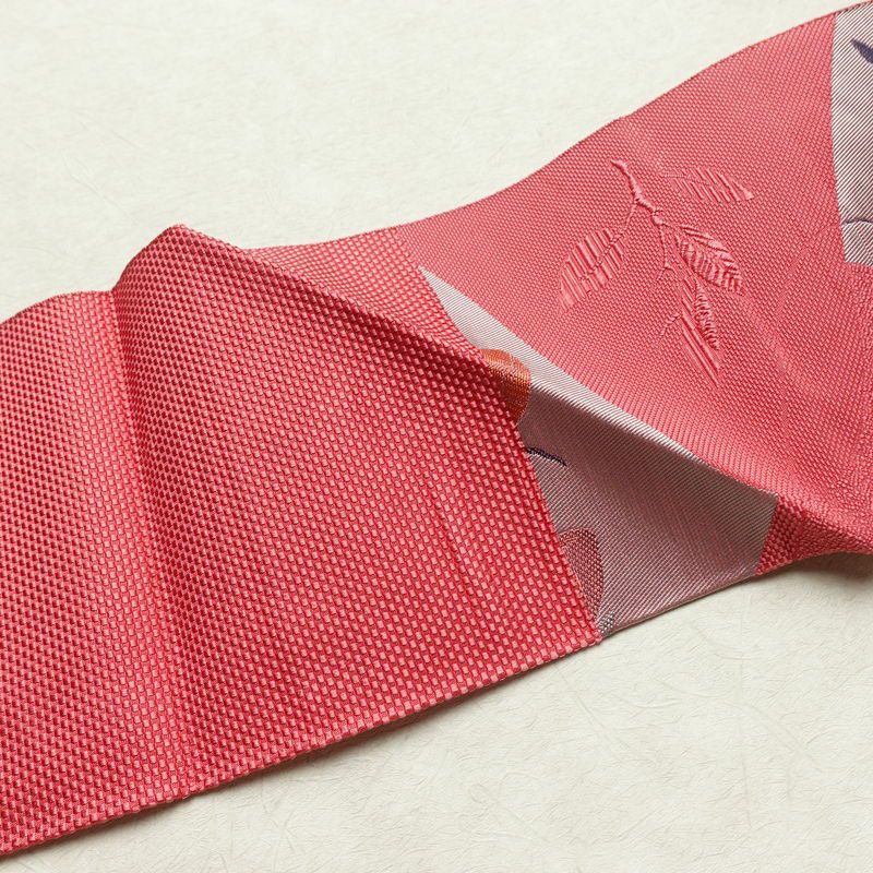 名古屋帯 六通柄 良品 正絹 木の葉・植物柄 名古屋仕立て なごや帯 リサイクル帯 帯 柿 ピンク_画像15