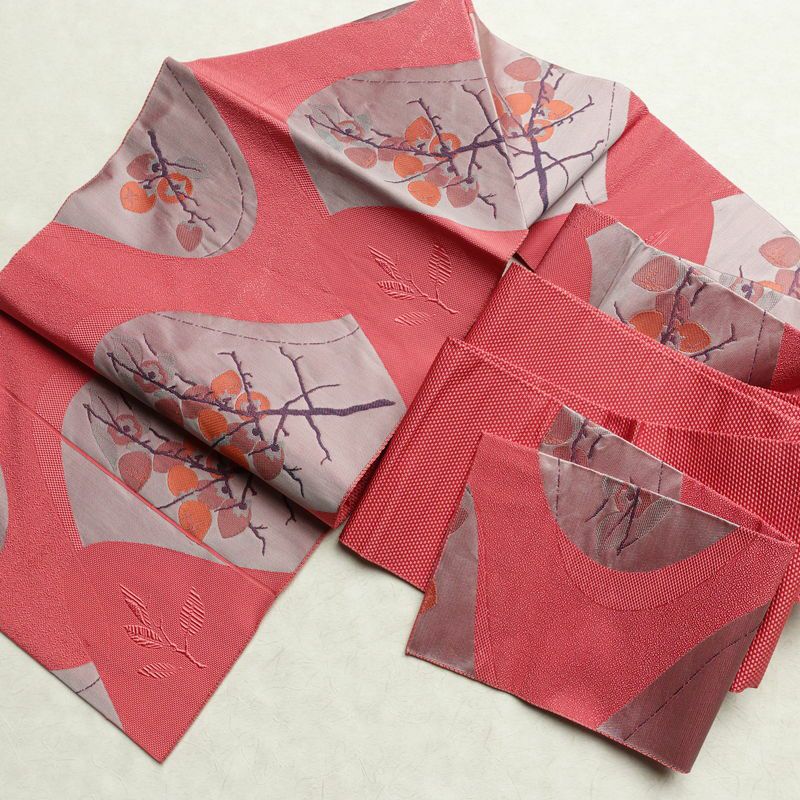 名古屋帯 六通柄 良品 正絹 木の葉・植物柄 名古屋仕立て なごや帯 リサイクル帯 帯 柿 ピンク_画像17