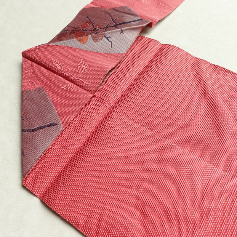 名古屋帯 六通柄 良品 正絹 木の葉・植物柄 名古屋仕立て なごや帯 リサイクル帯 帯 柿 ピンク_画像19