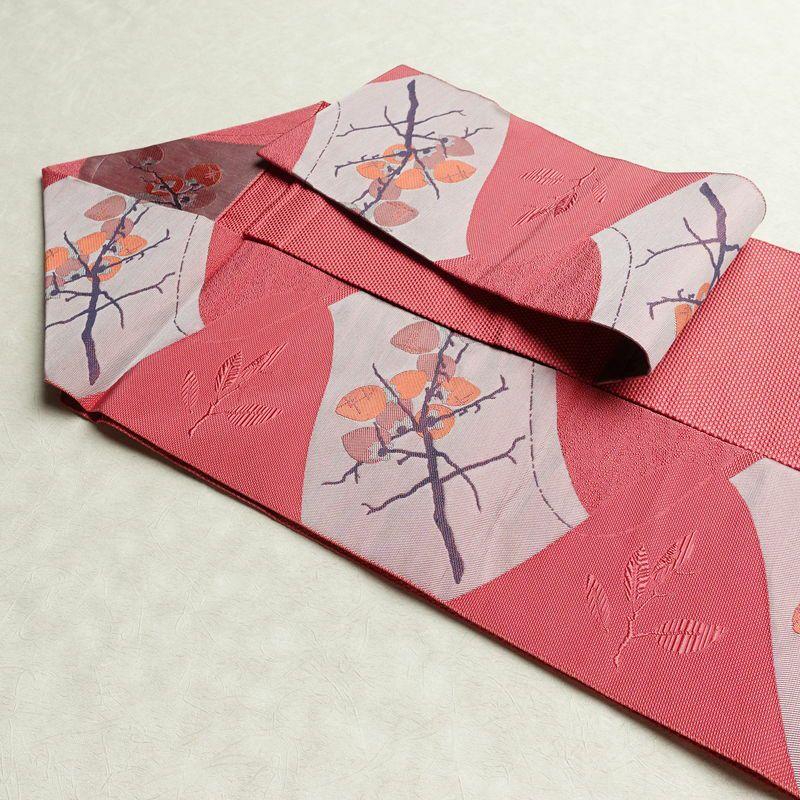 名古屋帯 六通柄 良品 正絹 木の葉・植物柄 名古屋仕立て なごや帯 リサイクル帯 帯 柿 ピンク_画像21
