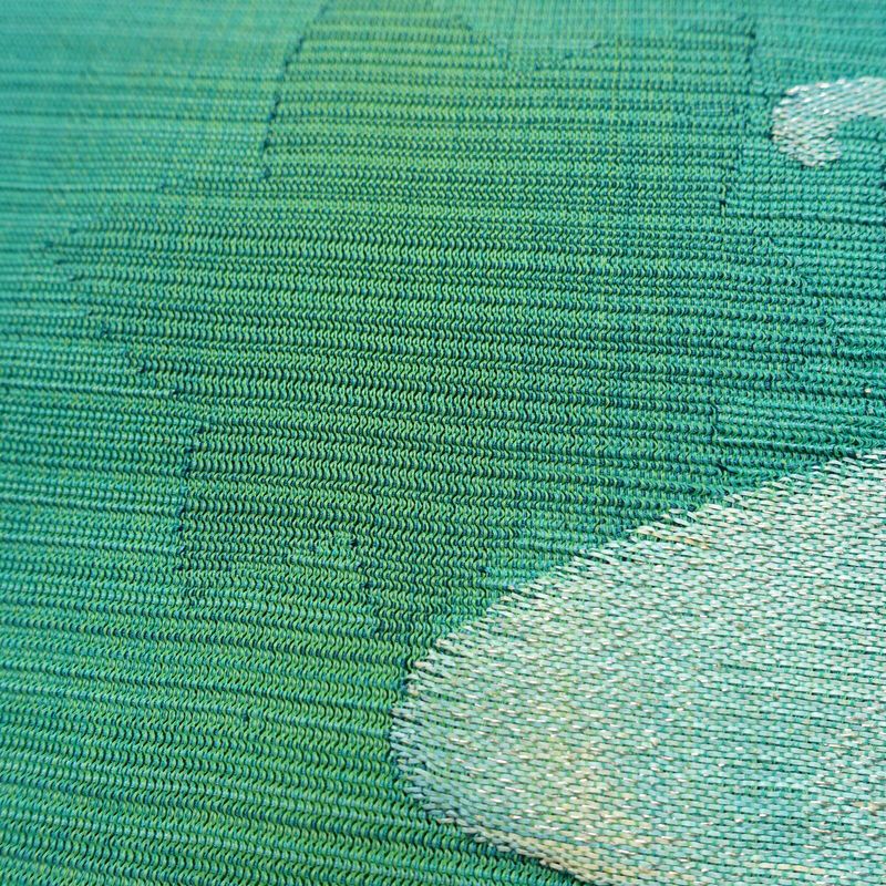 名古屋帯 太鼓柄 夏用 正絹 流水・波柄 名古屋仕立て なごや帯 リサイクル帯 帯 銀糸 緑・うぐいす色_画像5