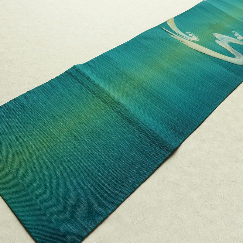 名古屋帯 太鼓柄 夏用 正絹 流水・波柄 名古屋仕立て なごや帯 リサイクル帯 帯 銀糸 緑・うぐいす色_画像9