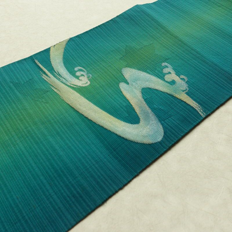 名古屋帯 太鼓柄 夏用 正絹 流水・波柄 名古屋仕立て なごや帯 リサイクル帯 帯 銀糸 緑・うぐいす色_画像11