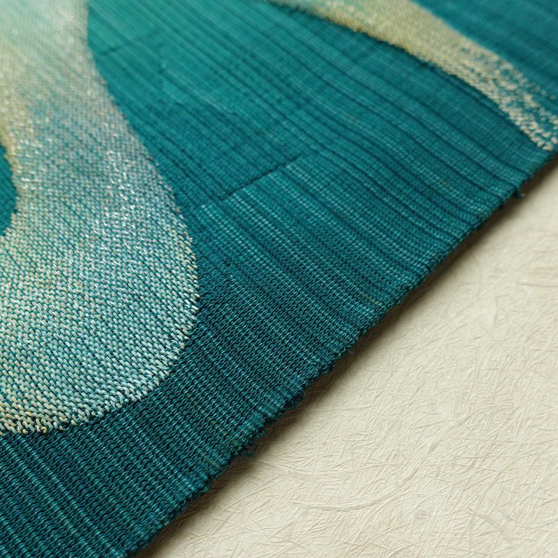 名古屋帯 太鼓柄 夏用 正絹 流水・波柄 名古屋仕立て なごや帯 リサイクル帯 帯 銀糸 緑・うぐいす色_画像12