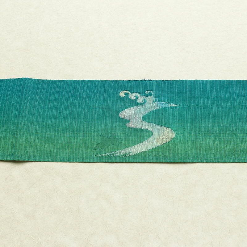 名古屋帯 太鼓柄 夏用 正絹 流水・波柄 名古屋仕立て なごや帯 リサイクル帯 帯 銀糸 緑・うぐいす色_画像13