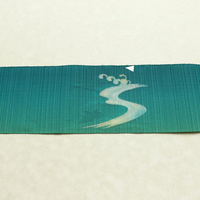 名古屋帯 太鼓柄 夏用 正絹 流水・波柄 名古屋仕立て なごや帯 リサイクル帯 帯 銀糸 緑・うぐいす色_画像14
