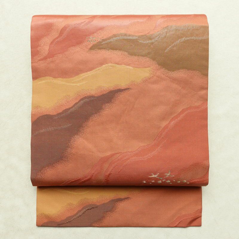 名古屋帯 六通柄 ふくれ織 正絹 幾何学柄・抽象柄 名古屋仕立て なごや帯 リサイクル帯 帯 橙_画像1