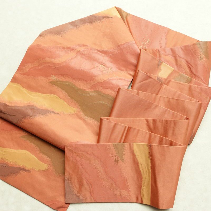 名古屋帯 六通柄 ふくれ織 正絹 幾何学柄・抽象柄 名古屋仕立て なごや帯 リサイクル帯 帯 橙_画像17