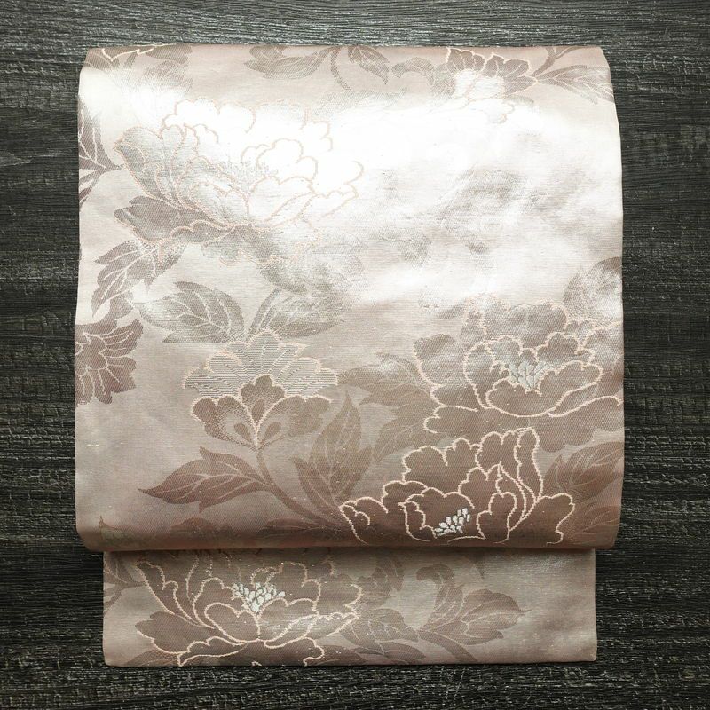 名古屋帯 六通柄 正絹 花柄 名古屋仕立て なごや帯 リサイクル帯 帯 引箔 ピンク_画像1