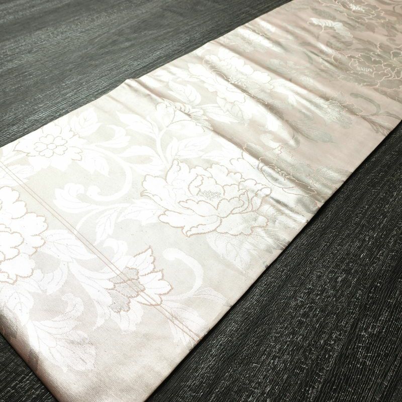 名古屋帯 六通柄 正絹 花柄 名古屋仕立て なごや帯 リサイクル帯 帯 引箔 ピンク_画像9