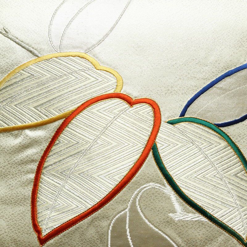 名古屋帯 太鼓柄 金駒刺繍 正絹 木の葉・植物柄 名古屋仕立て なごや帯 リサイクル帯 帯 刺繍 シンプル 金・銀_画像2