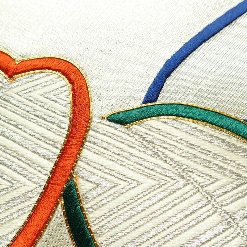 名古屋帯 太鼓柄 金駒刺繍 正絹 木の葉・植物柄 名古屋仕立て なごや帯 リサイクル帯 帯 刺繍 シンプル 金・銀_画像4