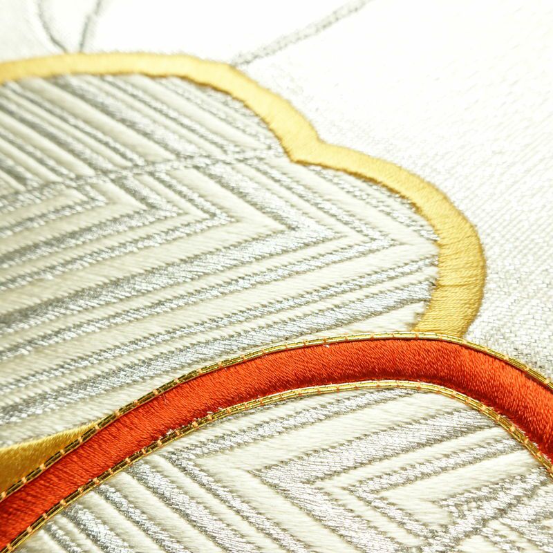 名古屋帯 太鼓柄 金駒刺繍 正絹 木の葉・植物柄 名古屋仕立て なごや帯 リサイクル帯 帯 刺繍 シンプル 金・銀_画像6