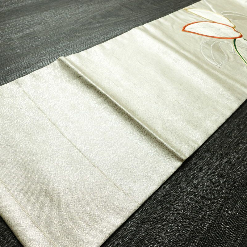 名古屋帯 太鼓柄 金駒刺繍 正絹 木の葉・植物柄 名古屋仕立て なごや帯 リサイクル帯 帯 刺繍 シンプル 金・銀_画像9