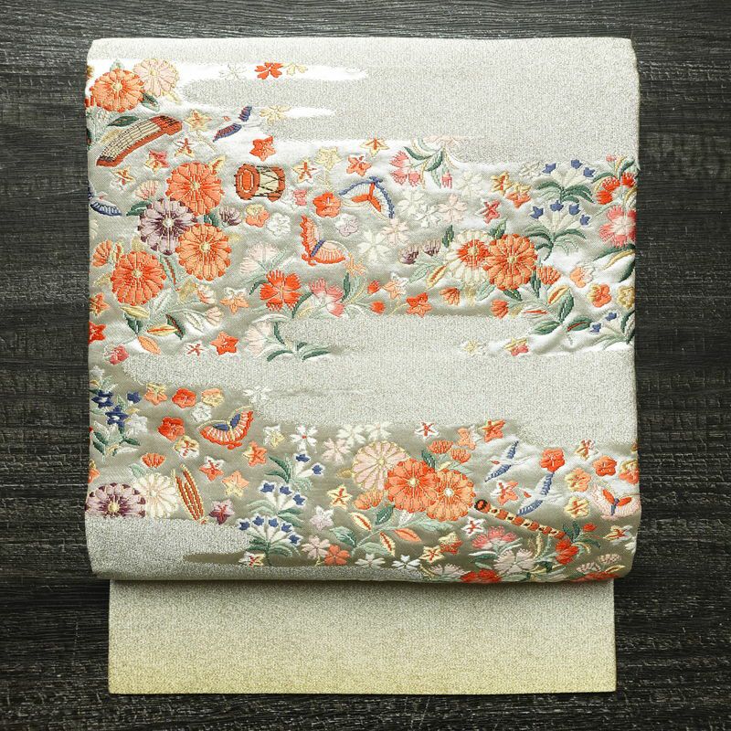 名古屋帯 太鼓柄 正絹 花柄 名古屋仕立て なごや帯 リサイクル帯 帯 箔 菊 白_画像1