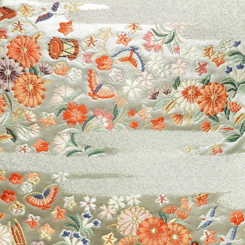名古屋帯 太鼓柄 正絹 花柄 名古屋仕立て なごや帯 リサイクル帯 帯 箔 菊 白_画像2