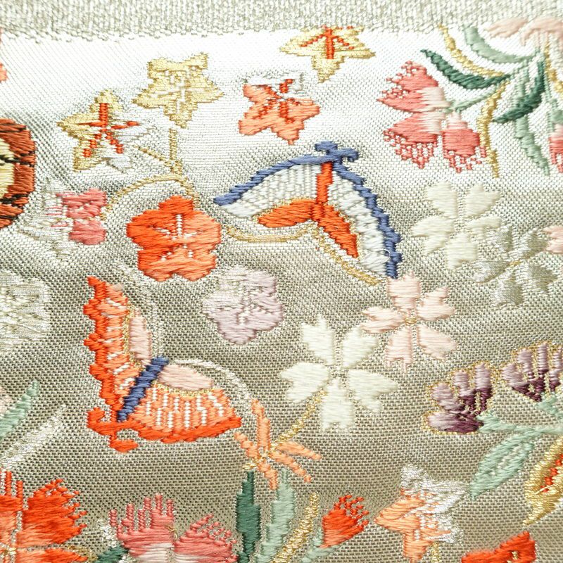 名古屋帯 太鼓柄 正絹 花柄 名古屋仕立て なごや帯 リサイクル帯 帯 箔 菊 白_画像4