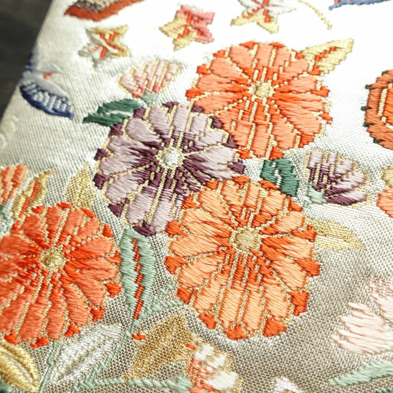 名古屋帯 太鼓柄 正絹 花柄 名古屋仕立て なごや帯 リサイクル帯 帯 箔 菊 白_画像5