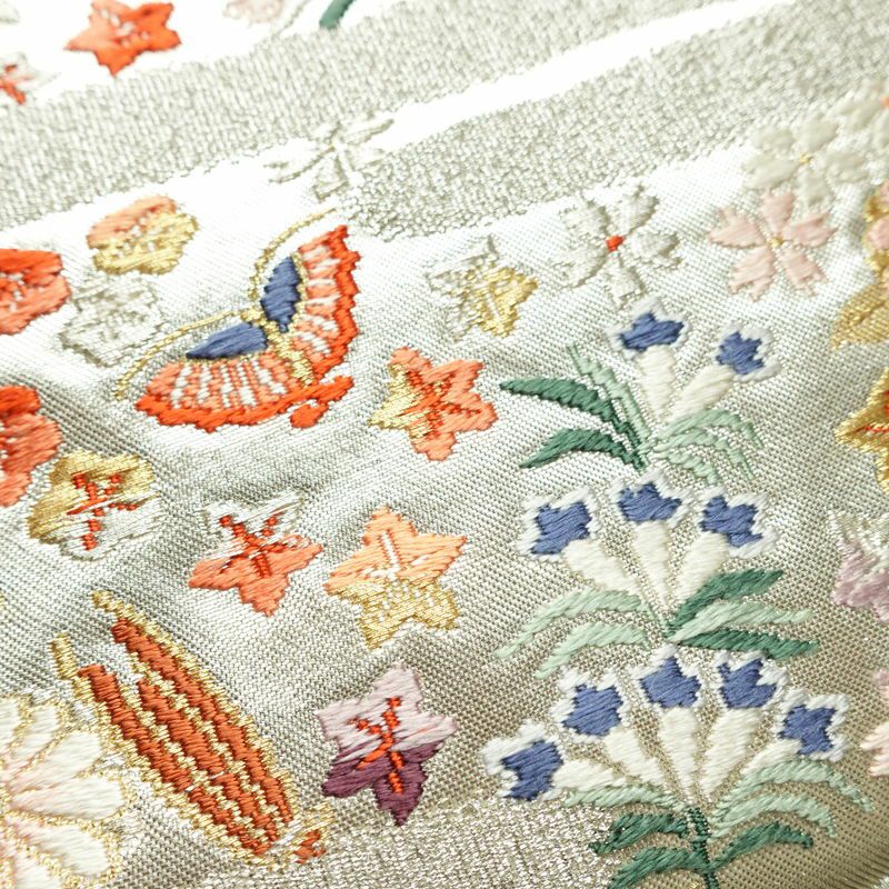 名古屋帯 太鼓柄 正絹 花柄 名古屋仕立て なごや帯 リサイクル帯 帯 箔 菊 白_画像6