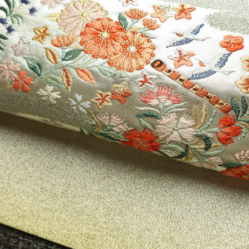 名古屋帯 太鼓柄 正絹 花柄 名古屋仕立て なごや帯 リサイクル帯 帯 箔 菊 白_画像7