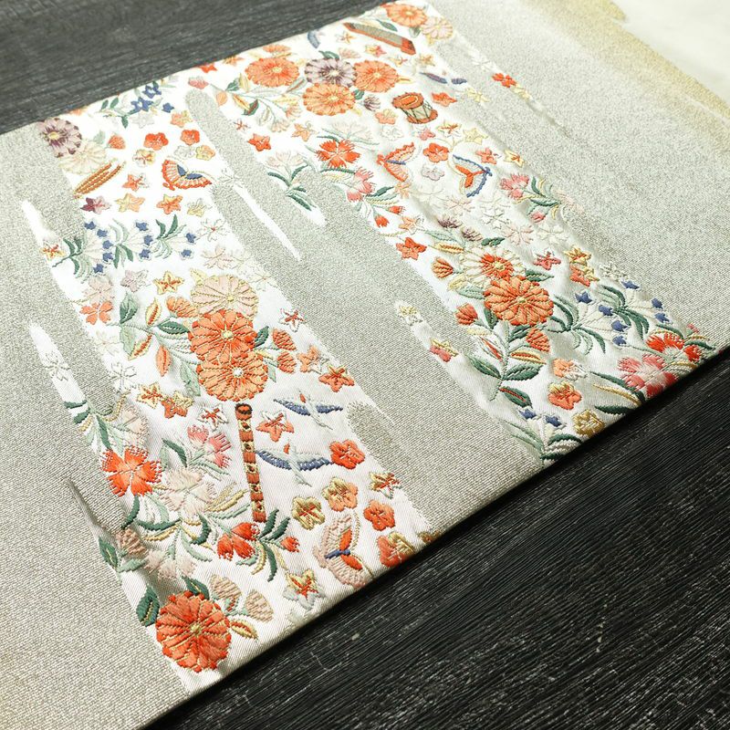 名古屋帯 太鼓柄 正絹 花柄 名古屋仕立て なごや帯 リサイクル帯 帯 箔 菊 白_画像11