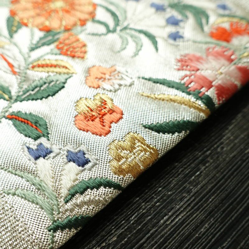 名古屋帯 太鼓柄 正絹 花柄 名古屋仕立て なごや帯 リサイクル帯 帯 箔 菊 白_画像12