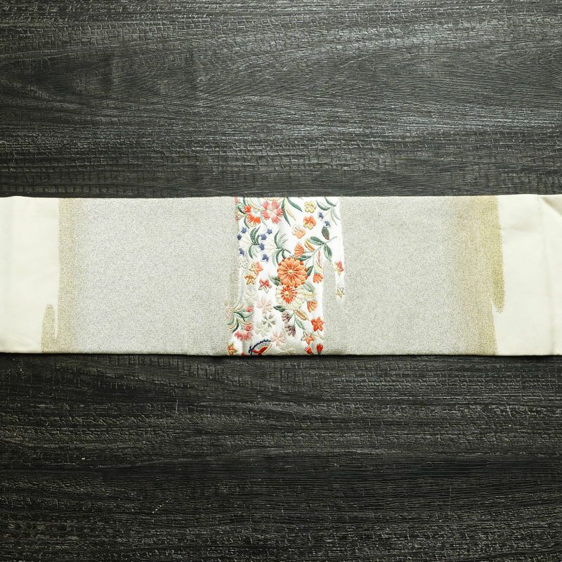 名古屋帯 太鼓柄 正絹 花柄 名古屋仕立て なごや帯 リサイクル帯 帯 箔 菊 白_画像14