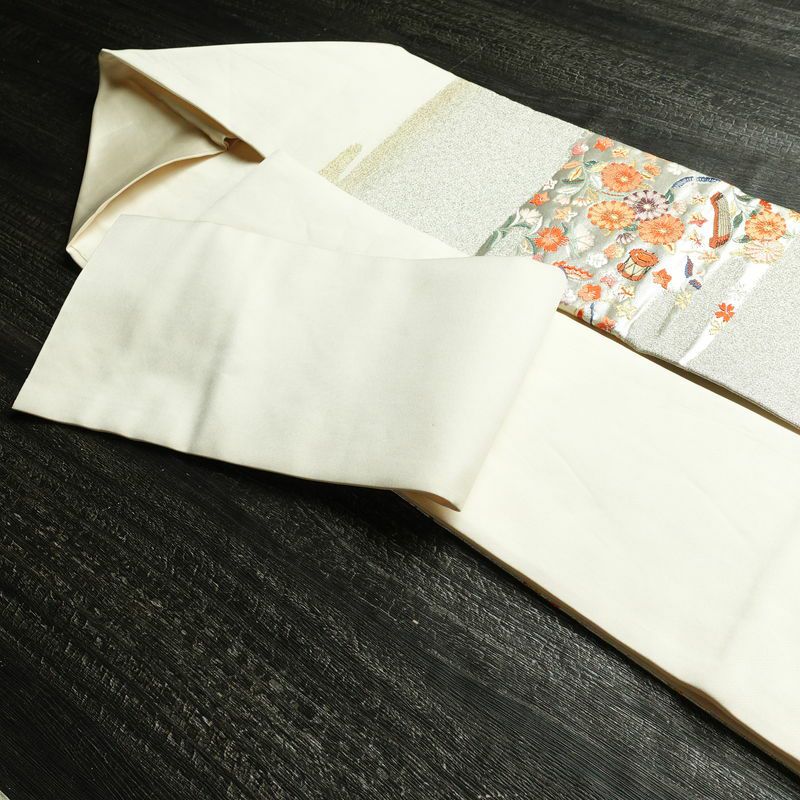 名古屋帯 太鼓柄 正絹 花柄 名古屋仕立て なごや帯 リサイクル帯 帯 箔 菊 白_画像20